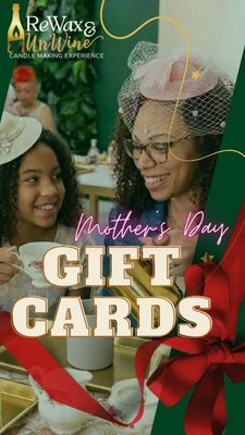 A unique Gift for Mom - Looking for the perfect Mother’s Day gift?
Give her something she can actually experience. 🌷
A ReWax & UnWine gift card lets mom choose the
moment she wants most — whether that’s pouring a
custom candle, enjoying a relaxing experience in the
studio, or planning a creative outing with the people
she loves.
It’s thoughtful, flexible, and way better than another
last-minute bouquet.
Because the best gifts aren’t always things…
sometimes they’re memories waiting to be made.
✨ Grab a gift card and let mom choose her perfect
moment.
Enter coupon code Gift at checkout for 10% off. A unique Gift for Mom - Looking for the perfect Mother’s Day gift?
Give her something she can actually experience. 🌷
A ReWax & UnWine gift card lets mom choose the
moment she wants most — whether that’s pouring a
custom candle, enjoying a relaxing experience in the
studio, or planning a creative outing with the people
she loves.
It’s thoughtful, flexible, and way better than another
last-minute bouquet.
Because the best gifts aren’t always things…
sometimes they’re memories waiting to be made.
✨ Grab a gift card and let mom choose her perfect
moment.
Enter coupon code Gift at checkout for 10% off.