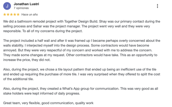 Google Reviews - We’re proud of the work we do and the relationships we build with our clients. Here’s a collection of reviews from our customers and see why homeowners trust Together Design & Build for their remodeling and renovation projects! Google Reviews - We’re proud of the work we do and the relationships we build with our clients. Here’s a collection of reviews from our customers and see why homeowners trust Together Design & Build for their remodeling and renovation projects!