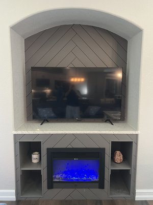 Custom entertainment system port charlotte 2022 - Custom entertainment system with a shiplap face design and a built in fire place I designed and installed Custom entertainment system port charlotte 2022 - Custom entertainment system with a shiplap face design and a built in fire place I designed and installed