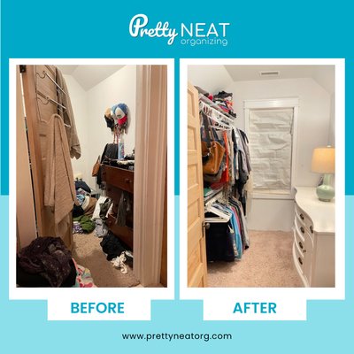 Walk-In Closet - Before: This client couldn’t open the closet door all the way because of an overflowing dresser and items piled up on the floor.
After: A larger dresser holds more of the smaller items, hung items are categorized by type, and a tidy shelving unit makes use of the space behind the door for jeans and sweaters. Walk-In Closet - Before: This client couldn’t open the closet door all the way because of an overflowing dresser and items piled up on the floor.
After: A larger dresser holds more of the smaller items, hung items are categorized by type, and a tidy shelving unit makes use of the space behind the door for jeans and sweaters.