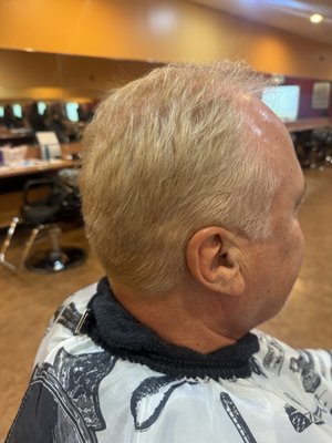 Getting rid of the Gray - A young man came in before a big job interview hoping to get rid of some gray and look a few years younger. After a trim and lifting the unwanted gray, we gave him a soft, natural color that left him looking fresh, youthful, and professional. He nailed his interview! Getting rid of the Gray - A young man came in before a big job interview hoping to get rid of some gray and look a few years younger. After a trim and lifting the unwanted gray, we gave him a soft, natural color that left him looking fresh, youthful, and professional. He nailed his interview!