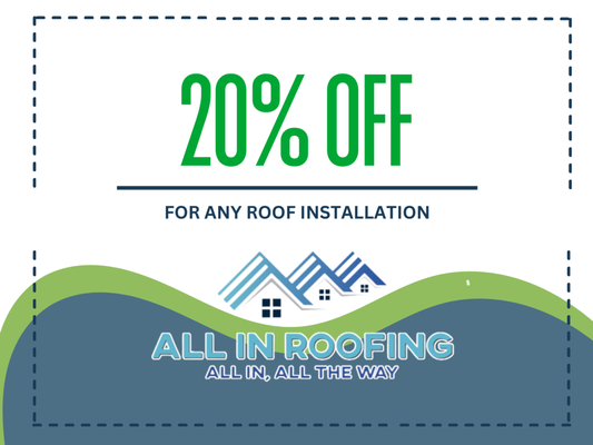 Get 20% Off Any Roof Installation - Is it time to replace your old roof or install a brand-new one? Whether you’re building a new home or upgrading your current roof, now’s the perfect opportunity to save! For a limited time, All In Roofing is offering 20% off on any roof installation. Don’t miss this chance to invest in a high-quality, durable roof at an unbeatable price.