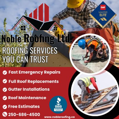Noble Roofing Services - We offer a comprehensive range of roofing services, everything from minor repairs to complete roof replacements. No job is too big or too small for our highly experienced team. Whether you need urgent leak repairs, routine maintenance, or a full roofing system installation, you can count on our expertise and commitment to quality workmanship every step of the way. Your peace of mind is our top priority.