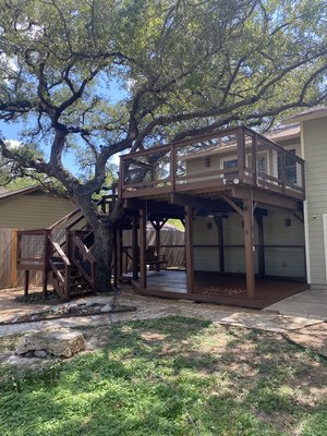Backyard 2 Story Deck Staining - Another Satisfying Staining Project and Satisfied Client and This 2 Story Deck Had Never Been Stained Before and Was Severely Damaged from Sunlight . We Power Washed , Replace All Rotten Boards and Applied a Solid Stain.