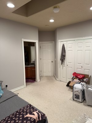Room paint makeover - Got rid of these striped designs and painted room gray previous painters had made a mess with the blue paint job Room paint makeover - Got rid of these striped designs and painted room gray previous painters had made a mess with the blue paint job