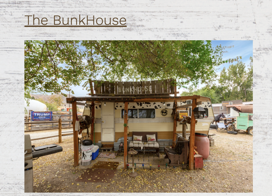 Cowboy Bunkhouse $35 - A We want your experience at our property to  be unique, memorable, and affordable. There are 4 different plugs inside camper to charge devices. We of course have heat and AC! We now charge a $20 cash fee for dogs.  If you have kids, we will allow a tent next to a camper, and you can have a campfire in the winter.  You’re front yard has 2 bouncing horses, a roping dummy, teeter totter, kids and adult  picnic tables, and a propane barbecue.  Never leave your door open, or you are inviting chickens, goats, and flies.  We have a produce trailer just on the other side of your fence, and a quail coop in the summer.

4 guests, $15 cleaning fee, pets allowed for an additional $20