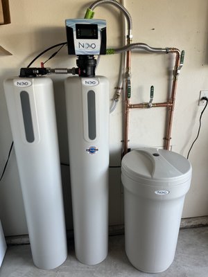 Whole House Water Filtration and softener system - This house was showing signs of hard water. Performed water analysis to confirm that water was indeed very hard (high in calcium content). Installed a whole house water filtration and softener system. This system not only removes calcium which can cause damage to plumbing, appliances and fixtures, but also comes with a carbon filtration system which can remove bacteria, chlorine and other harmful contaminants from the water. This home's water is now much more clean and safe for the family. Call us to schedule a water analysis for your home.