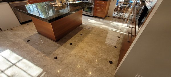 Kitchen Floor - Complete installation of porcelain tiles and grout with custom pattern (2x2 brown tiles every two rows). Kitchen Floor - Complete installation of porcelain tiles and grout with custom pattern (2x2 brown tiles every two rows).