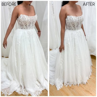 Bridal Alterations - Alterations appointments at Bridal Elegance are scheduled on a first come, first serve basis and can be scheduled once the gown balance has been paid in full.
Alterations Timeline:
- Your first fitting typically begins 8 weeks before your wedding date (or your “leave by” date if travelling)
Alterations Appointment Days:
- Alterations take place on Tuesday, Thursday, or Friday.
Alterations Pricing:
-Alterations can range from $400-$1300, depending on:
The complexity of your gown
The amount of tailoring needed
Any additional customization requests
If you are concerned about cost or would like a clearer estimate, we highly recommend scheduling an Alterations Consultation, if time allows.
Bridal Elegance cannot provide quotes directly.
Consultations must be scheduled through BE, and consultation fees may apply. Bridal Alterations - Alterations appointments at Bridal Elegance are scheduled on a first come, first serve basis and can be scheduled once the gown balance has been paid in full.
Alterations Timeline:
- Your first fitting typically begins 8 weeks before your wedding date (or your “leave by” date if travelling)
Alterations Appointment Days:
- Alterations take place on Tuesday, Thursday, or Friday.
Alterations Pricing:
-Alterations can range from $400-$1300, depending on:
The complexity of your gown
The amount of tailoring needed
Any additional customization requests
If you are concerned about cost or would like a clearer estimate, we highly recommend scheduling an Alterations Consultation, if time allows.
Bridal Elegance cannot provide quotes directly.
Consultations must be scheduled through BE, and consultation fees may apply.