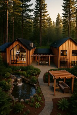 The Evergreen Retreat - This modern timber retreat is nestled deep in the forest, blending seamlessly with its natural surroundings. Expansive windows flood the interiors with light while framing serene views of the towering evergreens. Inside, a spacious primary bedroom offers a private sanctuary, while the large open-concept kitchen and living area creates a welcoming hub for family gatherings and entertaining. Outdoors, a tranquil waterfall pond and cozy seating areas extend the living space, making this home a true balance of comfort and nature. The Evergreen Retreat - This modern timber retreat is nestled deep in the forest, blending seamlessly with its natural surroundings. Expansive windows flood the interiors with light while framing serene views of the towering evergreens. Inside, a spacious primary bedroom offers a private sanctuary, while the large open-concept kitchen and living area creates a welcoming hub for family gatherings and entertaining. Outdoors, a tranquil waterfall pond and cozy seating areas extend the living space, making this home a true balance of comfort and nature.