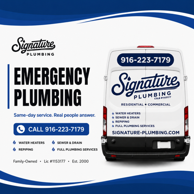 Emergency Plumbing Services24/7 Emergency Plumber — Same-Day Lincoln, Roseville, Sacramento, Folsom Service (CSLB #1153177) - When your water heater quits at 11 PM, a pipe bursts on a Sunday morning, or sewage backs up before guests arrive — you need a plumber who picks up. We do.
Real people answer. Same-day dispatch. Honest pricing on the first call.
Signature Plumbing has been the family-owned name Sacramento-region homeowners and small businesses call when "wait until Monday" isn't an option. We've been doing this for 25 years — through floods, frozen lines, midnight slab leaks, and the small disasters that don't make the news but do make a mess.
EMERGENCIES WE RESPOND TO
• Burst, frozen, or leaking pipes (copper, PEX, galvanized)
• Sewer backups and main-line blockages
• Water heater failures — no hot water, leaks, T&P valve issues
• Slab leaks and concealed leaks behind drywall
• Failed sump pumps, ejector pumps, water softeners
• Overflowing toilets, broken shut-off valves, washer hookup failures
• Garbage disposal jams, faucet ruptures, supply-line bursts
• Commercial restroom and kitchen emergencies
HOW WE WORK
1. You call — a real person answers, not a voicemail tree.
2. We give you an honest ETA, almost always same-day.
3. We diagnose on-site at no obligation, then quote upfront — flat-rate, in writing, before any tool comes out.
4. We fix it right the first time, clean up after ourselves, and back the work with a satisfaction guarantee.
WHY SIGNATURE
✓ Licensed California plumbing contractor — CSLB #1153177 (active, in good standing)
✓ Family-owned and operated, established 2000 — 25 years of plumbing experience
✓ Free estimates · Upfront pricing · No surprise add-ons
✓ Service area: Lincoln, Roseville, Citrus Heights, Folsom, El Dorado Hills, Rocklin, Granite Bay, and greater Sacramento
Tap "Request a Call" and we'll be back to you within minutes. For active emergencies, call 916-223-7179 directly — our direct line. Emergency Plumbing Services24/7 Emergency Plumber — Same-Day Lincoln, Roseville, Sacramento, Folsom Service (CSLB #1153177) - When your water heater quits at 11 PM, a pipe bursts on a Sunday morning, or sewage backs up before guests arrive — you need a plumber who picks up. We do.
Real people answer. Same-day dispatch. Honest pricing on the first call.
Signature Plumbing has been the family-owned name Sacramento-region homeowners and small businesses call when "wait until Monday" isn't an option. We've been doing this for 25 years — through floods, frozen lines, midnight slab leaks, and the small disasters that don't make the news but do make a mess.
EMERGENCIES WE RESPOND TO
• Burst, frozen, or leaking pipes (copper, PEX, galvanized)
• Sewer backups and main-line blockages
• Water heater failures — no hot water, leaks, T&P valve issues
• Slab leaks and concealed leaks behind drywall
• Failed sump pumps, ejector pumps, water softeners
• Overflowing toilets, broken shut-off valves, washer hookup failures
• Garbage disposal jams, faucet ruptures, supply-line bursts
• Commercial restroom and kitchen emergencies
HOW WE WORK
1. You call — a real person answers, not a voicemail tree.
2. We give you an honest ETA, almost always same-day.
3. We diagnose on-site at no obligation, then quote upfront — flat-rate, in writing, before any tool comes out.
4. We fix it right the first time, clean up after ourselves, and back the work with a satisfaction guarantee.
WHY SIGNATURE
✓ Licensed California plumbing contractor — CSLB #1153177 (active, in good standing)
✓ Family-owned and operated, established 2000 — 25 years of plumbing experience
✓ Free estimates · Upfront pricing · No surprise add-ons
✓ Service area: Lincoln, Roseville, Citrus Heights, Folsom, El Dorado Hills, Rocklin, Granite Bay, and greater Sacramento
Tap "Request a Call" and we'll be back to you within minutes. For active emergencies, call 916-223-7179 directly — our direct line.