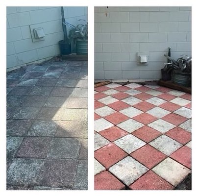 Patio area and front walkway cleaning - This is a before and after photo of a small patio area I pressure washed, it took a little under one hour to complete. The other photos are Before&Afters of a residential front walkway I pressure washed and also the front door way walk up, those areas were also completed in under one hour, the cleaning really gave the home curb appeal. Patio area and front walkway cleaning - This is a before and after photo of a small patio area I pressure washed, it took a little under one hour to complete. The other photos are Before&Afters of a residential front walkway I pressure washed and also the front door way walk up, those areas were also completed in under one hour, the cleaning really gave the home curb appeal.