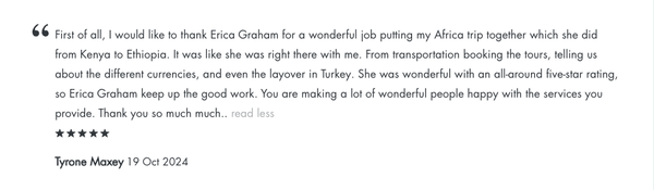 Client Reviews - Leave the planning to our seasoned travel experts – they'll curate a magical itinerary tailored just for you, ensuring an unforgettable adventure! Client Reviews - Leave the planning to our seasoned travel experts – they'll curate a magical itinerary tailored just for you, ensuring an unforgettable adventure!
