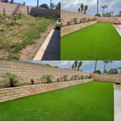 Rialto CA - Beautiful job - design of a garden with a large area of artificial grass with palms grass for pets Rialto CA - Beautiful job - design of a garden with a large area of artificial grass with palms grass for pets