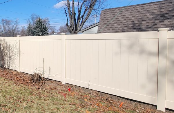 Vinyl Fence and Gate - White vinyl fence was installed at this home was perfect to keep their family dog safe inside the yard. Vinyl Fence and Gate - White vinyl fence was installed at this home was perfect to keep their family dog safe inside the yard.