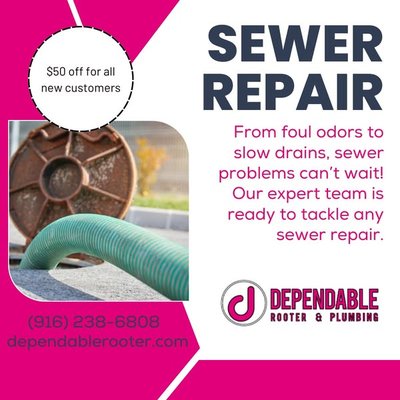 SEWER - Are your sewer lines giving you problems? For Affordable sewer repair and replacement in Sacramento, rely on Dependable Rooter & Plumbing!
Also, ask us about: repiping, water heaters, outdoor drain cleaning, drain clogs, toilet installation, and sewer service. SEWER - Are your sewer lines giving you problems? For Affordable sewer repair and replacement in Sacramento, rely on Dependable Rooter & Plumbing!
Also, ask us about: repiping, water heaters, outdoor drain cleaning, drain clogs, toilet installation, and sewer service.