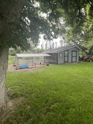 Chicken coop build - Chicken coop was built as an add on to existing shed, overall it 19x16 with 20x14 chicken run built with galvanized pipe and chicken wire. Chicken coop build - Chicken coop was built as an add on to existing shed, overall it 19x16 with 20x14 chicken run built with galvanized pipe and chicken wire.