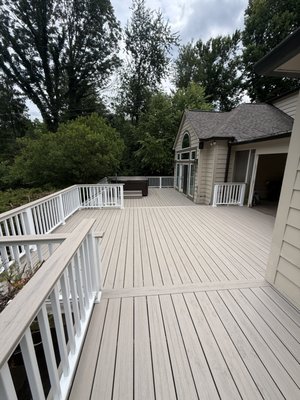 Custom Composite Deck Remodel - This project involved a complete transformation of an outdated wood deck into a modern, low-maintenance outdoor living space.
The existing wood decking was removed and replaced with premium composite decking. The project included custom stairs, picture-frame borders, fascia, white vinyl railings, and integrated LED stair lighting. Every detail was completed with a focus on quality craftsmanship, durability, and a clean, modern finish.
The result is a beautiful outdoor space that enhances the home's appearance, improves functionality, and provides years of low-maintenance performance.
Services Provided:
Complete deck remodeling
Wood deck replacement
Composite decking installation
Custom stairs
Fascia and trim
White vinyl railing installation
LED stair lighting
Finish carpentry and cleanup Custom Composite Deck Remodel - This project involved a complete transformation of an outdated wood deck into a modern, low-maintenance outdoor living space.
The existing wood decking was removed and replaced with premium composite decking. The project included custom stairs, picture-frame borders, fascia, white vinyl railings, and integrated LED stair lighting. Every detail was completed with a focus on quality craftsmanship, durability, and a clean, modern finish.
The result is a beautiful outdoor space that enhances the home's appearance, improves functionality, and provides years of low-maintenance performance.
Services Provided:
Complete deck remodeling
Wood deck replacement
Composite decking installation
Custom stairs
Fascia and trim
White vinyl railing installation
LED stair lighting
Finish carpentry and cleanup