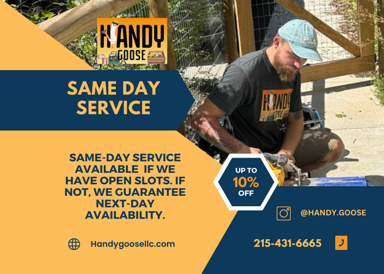Same-day Service - Same-day Service Available if we have open slots. If not, we guarantee next-day availability. Same-day Service - Same-day Service Available if we have open slots. If not, we guarantee next-day availability.