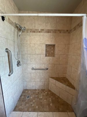 Accessible Shower Remodel - Handicap Accessible showers do NOT need to be ugly to get it done within budget! We will help you create a beautiful roll-in shower within your price range!