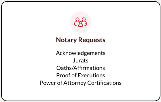 Notary Signings - we also provide Notary signings for Acknowledgements
Jurats
Oaths/Affirmations
Proof of Executions
Power of Attorney Certifications
And much more.