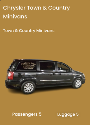 Chrysler Town & Country Minivans - Perfect for small groups or families, our Chrysler Town & Country Minivans provide a comfortable ride for up to 5 passengers and can handle 5 pieces of luggage. With ample space and top-notch amenities, these minivans are ideal for airport transfers, short trips around Charleston, or any other transportation needs you may have. Chrysler Town & Country Minivans - Perfect for small groups or families, our Chrysler Town & Country Minivans provide a comfortable ride for up to 5 passengers and can handle 5 pieces of luggage. With ample space and top-notch amenities, these minivans are ideal for airport transfers, short trips around Charleston, or any other transportation needs you may have.