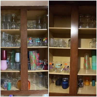 Kitchen declutter - This kitchen has sooo much cabinet and counter space to work with. It was bursting at the seams though because my client's mom (who had passed away) wanted to keep everything.. By the time we had finished decluttering everything we didn't even need to buy any organizing stuff! There was so much empty space we were able to just put the items back wherever we wanted to and it fit beautifully. I've gotta admit it was an incredibly cool feeling and kind of an unusual one for me in this business. We were able to knock out these cabinets out in just a couple of hours and could have gotten even more done but wrapping 100 glasses to donate takes time. Kitchen declutter - This kitchen has sooo much cabinet and counter space to work with. It was bursting at the seams though because my client's mom (who had passed away) wanted to keep everything.. By the time we had finished decluttering everything we didn't even need to buy any organizing stuff! There was so much empty space we were able to just put the items back wherever we wanted to and it fit beautifully. I've gotta admit it was an incredibly cool feeling and kind of an unusual one for me in this business. We were able to knock out these cabinets out in just a couple of hours and could have gotten even more done but wrapping 100 glasses to donate takes time.