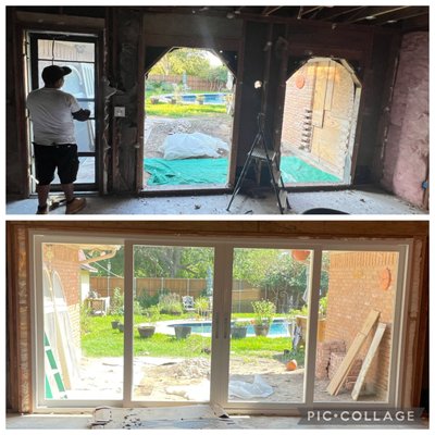 Opening Alteration - This customer wanted a more open view but still needed to be able to access the backyard. So we took out the old windows and back door and went back with this beautiful four panel sliding patio door. Now she has the open view she was looking for as well as the ability to access her back yard! Opening Alteration - This customer wanted a more open view but still needed to be able to access the backyard. So we took out the old windows and back door and went back with this beautiful four panel sliding patio door. Now she has the open view she was looking for as well as the ability to access her back yard!