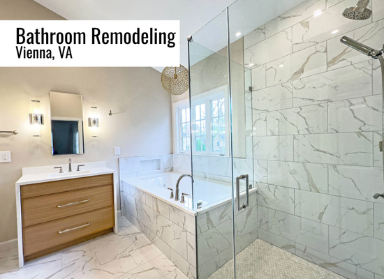 Bathroom Remodeling | Vienna - Materials Used:
Cabinets: TeddWood Cabinetry – Frameless Breckenridge II Style Door Rift Cut Oak in Natural Stain Color
Shower Floor Tiles: Zen Paradise ZPMH-004 Mini Hexagon White Mable
Vanity Top: MSI Arctic White Quartz
Vanity Faucet: Delta Bowery 1.2 GPM Widespread Bathroom Faucet with Pop-Up Drain Assembly
Bathroom Floor Tiles:DecoVita Calacatta Gold Satin Matte
Shower Faucet: Delta Bowery Monitor 14 Series Single Function Pressure Balanced Shower System with Shower Head and Hand Shower
Cabinet Pulls:Marlo Square Cabinet Pull Center-to-Center Polished Nickel Square
Accessory Set: Delta Bowery Polished Nickel Finish
Whirlpool Bathtub: Jacuzzi Elara 72″ x 36″ Acrylic Whirlpool Bathtub for Drop-In Installations with Left Drain and Basic Controls Bathroom Remodeling | Vienna - Materials Used:
Cabinets: TeddWood Cabinetry – Frameless Breckenridge II Style Door Rift Cut Oak in Natural Stain Color
Shower Floor Tiles: Zen Paradise ZPMH-004 Mini Hexagon White Mable
Vanity Top: MSI Arctic White Quartz
Vanity Faucet: Delta Bowery 1.2 GPM Widespread Bathroom Faucet with Pop-Up Drain Assembly
Bathroom Floor Tiles:DecoVita Calacatta Gold Satin Matte
Shower Faucet: Delta Bowery Monitor 14 Series Single Function Pressure Balanced Shower System with Shower Head and Hand Shower
Cabinet Pulls:Marlo Square Cabinet Pull Center-to-Center Polished Nickel Square
Accessory Set: Delta Bowery Polished Nickel Finish
Whirlpool Bathtub: Jacuzzi Elara 72″ x 36″ Acrylic Whirlpool Bathtub for Drop-In Installations with Left Drain and Basic Controls