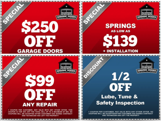 Current Specials - We are proud to offer our customers the best deals on garage door services in the area. Our team of experts is dedicated to providing you with top-notch service at an affordable price.

At Local Garage Doors, we understand the importance of trust when it comes to your home. That’s why we are proud to be a 5-star rated company. Our technicians are trained and experienced, ensuring that your garage door is in good hands.

We are currently offering specials on a variety of services, including:

Garage door installation
Garage door repair
Garage door openers
Garage door maintenance
And more!

Don’t miss out on these great deals. Book an appointment with us today! Trust Local Garage Doors for all of your garage door needs and enjoy the peace of mind that comes with working with a 5-star rated company.