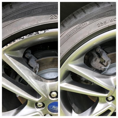 Ford Repair - There were large nicks and chunks missing from the wheel as well as damage to the paint, primer, and finish. Ford Repair - There were large nicks and chunks missing from the wheel as well as damage to the paint, primer, and finish.