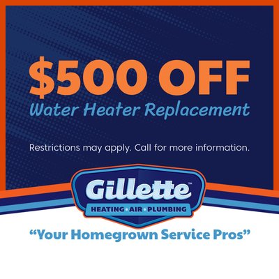 $500 Water Heater Replacement! - $500 Water Heater Replacement!

Heating water in your Spanish Fork home is a costly proposition.

According to the U.S. Department of Energy (DOE), water heating accounts for 20 percent of your home’s energy use. Purchasing the right water heater—and keeping it maintained—can make a significant difference in your energy bills.

At Gillette Heating and Air, we always recommend the best water heater products for your Utah home. We believe comfort and cost savings should always go hand in hand.
