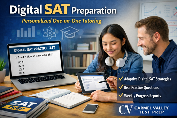 Digital SAT Preparation - Our Digital SAT preparation program provides personalized one-on-one tutoring designed to help students master the new adaptive digital exam format. Each student receives a customized study plan based on diagnostic results and targeted practice.

We use real SAT questions from previously administered exams so students become familiar with the style, difficulty, and pacing of the actual test. Tutors focus on key areas such as advanced math concepts, grammar rules, reading comprehension, and digital test strategies.

Student progress is closely monitored throughout the program, and parents receive weekly progress reports summarizing session topics, improvements, and next steps.