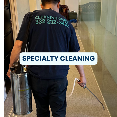 Specialty Cleaning - Specialty cleaning covers what standard house cleaning cannot reach. This album documents our specialty cleaning work across New York City: tile and grout steam cleaning, window washing, floor buffing and restoration, commercial kitchen degreasing, post-construction cleanup, and carpet extraction. Every photo is a real job. Every result is from our crew using professional-grade equipment.

TILE AND GROUT CLEANING

Tile grout is porous. It collects bacteria, mold, mildew, and years of embedded soil that mopping cannot remove. You see it across three pairs in this album: decorative octagonal floors with grime in every line, stone tile surfaces with residue built up across the face, and commercial floor tile where mold had established itself along the baseboard grout. After steam cleaning and extraction, all three surfaces are restored. Grout lines are clear. Tile surfaces are clean. No chemical masking, no surface brighteners — the soil is extracted, not covered.

WINDOW CLEANING

The window before photo in this album shows white streaky residue running down the pane — paint overspray or mineral buildup that turned a window overlooking a tree-lined NYC block into an opaque surface. After cleaning, the glass is completely clear. The brownstone across the street is visible in sharp detail. Interior and exterior window cleaning for NYC apartments, offices, and commercial spaces.

FLOOR BUFFING AND RESTORATION

Floors lose their finish through foot traffic, cleaning product buildup, and time. The two floor buffing pairs here show very different surfaces: a rubber coin-pattern hallway floor in a residential building, and a large commercial marble-look tile floor in an office space. In both cases, the before state is dull and flat. In both afters, the floors have a deep, reflective gloss restored by professional buffing and finishing equipment. A properly sealed floor is easier to maintain, more resistant to new soil, and protected from long-term surface wear.

COMMERCIAL KITCHEN DEGREASING

Commercial kitchen equipment builds up grease and carbon at a rate that standard cleaning products cannot address. The fryer in this album had grease buildup across every external surface after years of use. After professional degreasing with commercial-grade chemistry and pressure equipment, the stainless steel is fully restored. Commercial deep cleaning of kitchen equipment is typically required for health department inspections and extends the working life of the equipment.

POST-CONSTRUCTION CLEANUP

One pair in this album shows a dark tile floor covered in plaster chunks, paint flakes, and construction debris after a renovation. Post-construction cleanup requires more than sweeping — adhesives, grout haze, paint overspray, and fine particulate settle on every surface and require specific removal techniques. The after shows the same floor cleaned and polished.

COMMERCIAL CARPET CLEANING

Three carpet jobs round out the album: a large event-space carpet with scattered staining throughout the floor, an office berber carpet with a deep traffic lane running across the main path, and a residential carpet with liquid damage covering a wide area. All three are cleaned using hot water extraction. The commercial event space required organized crew coverage to ensure even extraction across the full floor area without missed sections.

WHAT WE OFFER

Tile and grout cleaning for residential and commercial spaces. Interior window washing. Floor buffing and restoration for rubber, vinyl, tile, and stone surfaces. Commercial kitchen deep cleaning and degreasing. Carpet extraction for homes, offices, and commercial properties. Post-construction cleaning. Specialty surface cleaning for NYC apartments, co-ops, condos, offices, restaurants, and retail spaces.

Call or text (332) 232-3422 or visit www.cleaningchief.com to book specialty cleaning in New York City. We serve all five boroughs.

Cleaning Chief. NYC specialty cleaning by trained professionals.