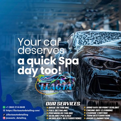 Our services - Don't spend this weekend with your dirty car...
Call us and we will gladly assist you
Always the best for your vehicle🚗
Whatsapp +1 (860) 514-0648
Google.- https://llactaautodetailing.com Our services - Don't spend this weekend with your dirty car...
Call us and we will gladly assist you
Always the best for your vehicle🚗
Whatsapp +1 (860) 514-0648
Google.- https://llactaautodetailing.com