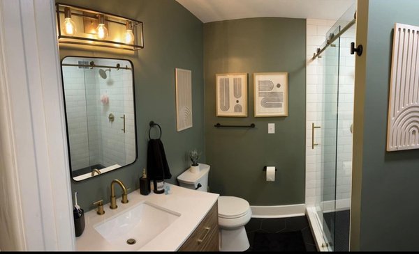 Leigh and David Bathroom Remodel - This bathroom started out as the 70's roadside motel bathroom. We had to move the toilet from the right corner all the way to the far back left corner to make the bathroom work. We also deleted one sink on the original vanity to make space for a 36' free standing vanity. Leigh and David Bathroom Remodel - This bathroom started out as the 70's roadside motel bathroom. We had to move the toilet from the right corner all the way to the far back left corner to make the bathroom work. We also deleted one sink on the original vanity to make space for a 36' free standing vanity.