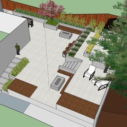 Landscape Design Services - This home sits on an extremely hilly lot, backing up to county owned open space.  The backyard has incredible views of the Bay.  The homeowners wanted to utilize the space for dining and outdoor activities, while enjoying the view.  Project required extensive grading, retaining walls, and terracing.  Space created for entertaining, cooking, and relaxing.