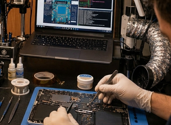 Board-Level DiaBoard-Level Diagnostics & Liquid Damage Repairgnostics & Data Recovery - We perform detailed board-level diagnostics for laptops, MacBooks, and electronic devices with power issues, liquid damage, corrosion, short circuits, and component-level failures. Our Houston repair lab uses microscopes, diagnostic tools, power supplies, and careful inspection methods to identify the real cause of complex device problems.