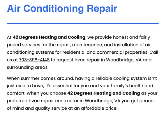 AC Repair - At 42 Degrees Heating and Cooling, we provide honest and fairly priced services for the repair, maintenance, and installation of air conditioning systems for residential and commercial properties. Call us at 703-398-4148 to request hvac repair in Woodbridge, VA and surrounding areas. AC Repair - At 42 Degrees Heating and Cooling, we provide honest and fairly priced services for the repair, maintenance, and installation of air conditioning systems for residential and commercial properties. Call us at 703-398-4148 to request hvac repair in Woodbridge, VA and surrounding areas.