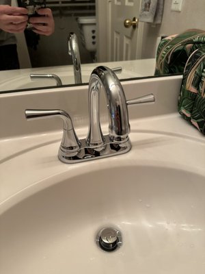Lavatory faucet installation - Replaced customers old lavatory faucet that had handles that were stiff and difficult to turn on.