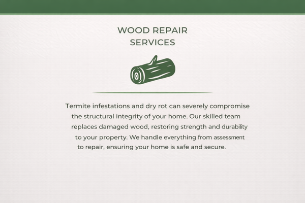 Wood Repair Service - Termites and dry rot can wreak havoc on your wooden structures, causing significant damage that compromises both the safety and appearance of your home or business. Termites silently chew through wood, creating hollowed-out sections that weaken structural integrity, while dry rot, a fungal decay, causes wood to become brittle and crumbly. At Active Pest Control, we offer expert wood repair and replacement services to address these issues. Wood Repair Service - Termites and dry rot can wreak havoc on your wooden structures, causing significant damage that compromises both the safety and appearance of your home or business. Termites silently chew through wood, creating hollowed-out sections that weaken structural integrity, while dry rot, a fungal decay, causes wood to become brittle and crumbly. At Active Pest Control, we offer expert wood repair and replacement services to address these issues.