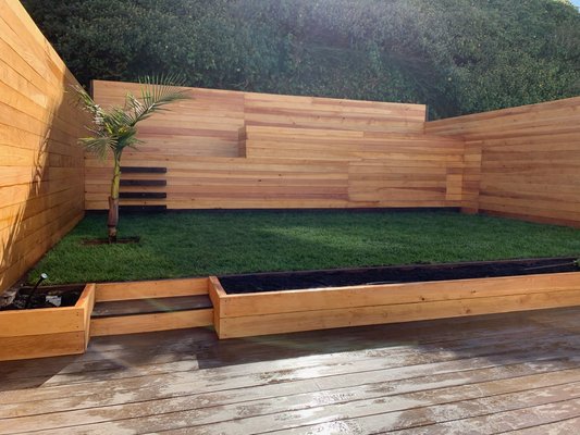 Landcape Fene, Deck, Grass, Planter Box - Full Landscape Renovation, Cedar Fence with grass and a Trex Deck with planter boxes Landcape Fene, Deck, Grass, Planter Box - Full Landscape Renovation, Cedar Fence with grass and a Trex Deck with planter boxes