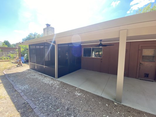 Austin, TX- Screen Room & Solid Insulated Cover - This customer wanted to cover their patio completely, but also create a space to escape the bugs if needed. No problem! We created a wonderful combination cover, screening in half of the patio and leaving the other half open. These polyester coated fiber glass screens are perfect to keep pests out, and stand up against the loving nails of your cats and dogs! Austin, TX- Screen Room & Solid Insulated Cover - This customer wanted to cover their patio completely, but also create a space to escape the bugs if needed. No problem! We created a wonderful combination cover, screening in half of the patio and leaving the other half open. These polyester coated fiber glass screens are perfect to keep pests out, and stand up against the loving nails of your cats and dogs!