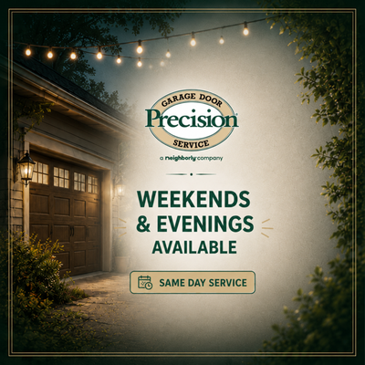 Weekend & Evening Garage Door Repair - Garage door issue after business hours? Precision Garage Door provides convenient evening and weekend appointments with same-day service whenever possible. Our experienced technicians are ready to restore your garage door quickly and safely on your schedule. Weekend & Evening Garage Door Repair - Garage door issue after business hours? Precision Garage Door provides convenient evening and weekend appointments with same-day service whenever possible. Our experienced technicians are ready to restore your garage door quickly and safely on your schedule.