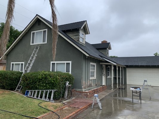 Pressure wash/Exterior Paint - This model, is a residential project. We pressure washed the whole exterior to get it ready for paint, which took a day to dry. Secondly we tended to all areas that needed repair, such as the wooden panels near the front door. We installed all new panels, giving it a newer look, one of quality. Lastly was to finish paint the front. Pressure wash/Exterior Paint - This model, is a residential project. We pressure washed the whole exterior to get it ready for paint, which took a day to dry. Secondly we tended to all areas that needed repair, such as the wooden panels near the front door. We installed all new panels, giving it a newer look, one of quality. Lastly was to finish paint the front.