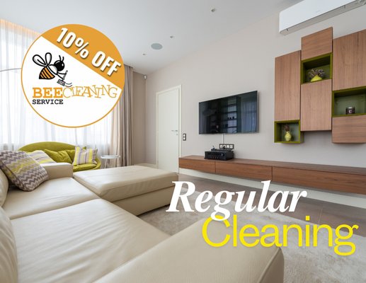 Regular Cleaning - Our Regular Cleaning service keeps your home fresh and inviting. Our experienced team tackles everyday messes, from dusting and vacuuming to sanitizing bathrooms and kitchens. We focus on high-traffic areas, ensuring your space remains tidy between deep cleans. This service is perfect for busy professionals, families, or anyone seeking to maintain a clean home without the hassle. Regular cleaning not only enhances your living environment but also contributes to better health by reducing allergens and bacteria. Book now and enjoy a 10% discount, or become a regular client for an ongoing 5% off!