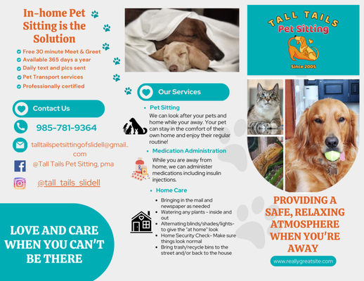 Welcome to the Tall Tails Pack - If you are a pet parent, leaving your furry friend behind can be difficult, especially when arranging for your pet to be looked after in an unfamiliar environment. Whether you are going on vacation, a quick trip out of town, or working long hours, finding the right care for your pet is an essential decision. One of the main benefits of in-home pet sitting is that it offers personalized attention to your pet. Tall Tails can cater to your furry friend’s unique needs, including dietary requirements, medication, routine, and exercise. They will also keep an eye on your pet's behavior, ensuring that your pet is comfortable, calm, and well cared for while you are away. 
Whether you have a timid or a social pet, being absent from their home environment and being sent to a place with unfamiliar sounds, smells, and routines can cause anxiety, stress, and trauma. Your pet can continue their daily routine, from playing with their toys to eating their favorite meals, cuddling with you on the couch, and sleeping in their own bed. 
Unlike boarding facilities, where the staff members change shifts and schedules, your pet can get used to the same person, their voice, and their scent. This helps to establish trust, calmness, and routine, making it pleasant for your pet to stay comfortable and happy. 
Tall Tails pet sitters send updates after each visit via our mobile app with photos, journal entries, and messages to let you know how your furry friend is doing. Having someone you trust to stay with them and give them the best care possible can give you peace of mind. Our goal at Tall Tails is to build lasting relationships with clients and their animals.
