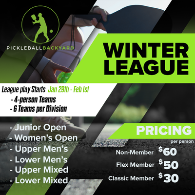 Winter League - Winter League starts January 29th! Team format. 4 players per team. head to https://pickleballbackyard.com/leagues/ to learn more and to sign up today!