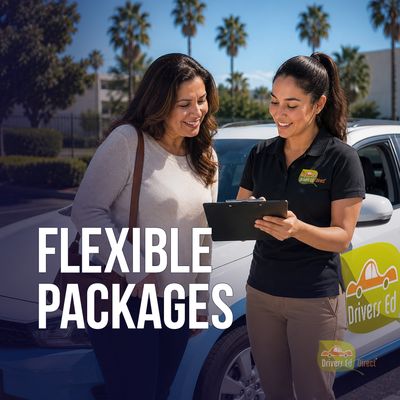 Flexible Packages - Helpful options for different student needs, including single lessons, multi-lesson packages, DMV services, and online drivers ed. Flexible Packages - Helpful options for different student needs, including single lessons, multi-lesson packages, DMV services, and online drivers ed.
