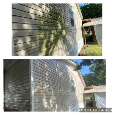 Vinyl Siding clean up. - This older model trailer home had growth all on the siding and we were able to clean it up for our happy customer! Vinyl Siding clean up. - This older model trailer home had growth all on the siding and we were able to clean it up for our happy customer!